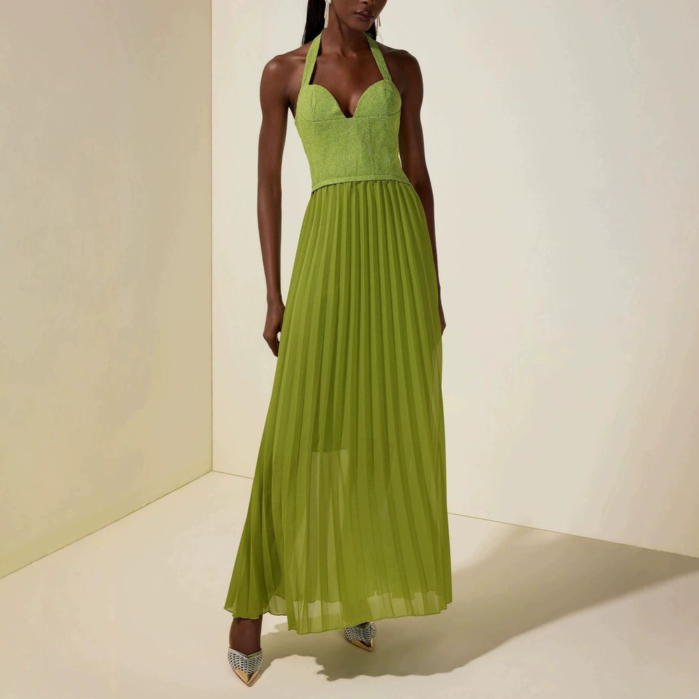 Forever 21 Elegant Summer Green Halter Backless Pleated Bodycon Dress